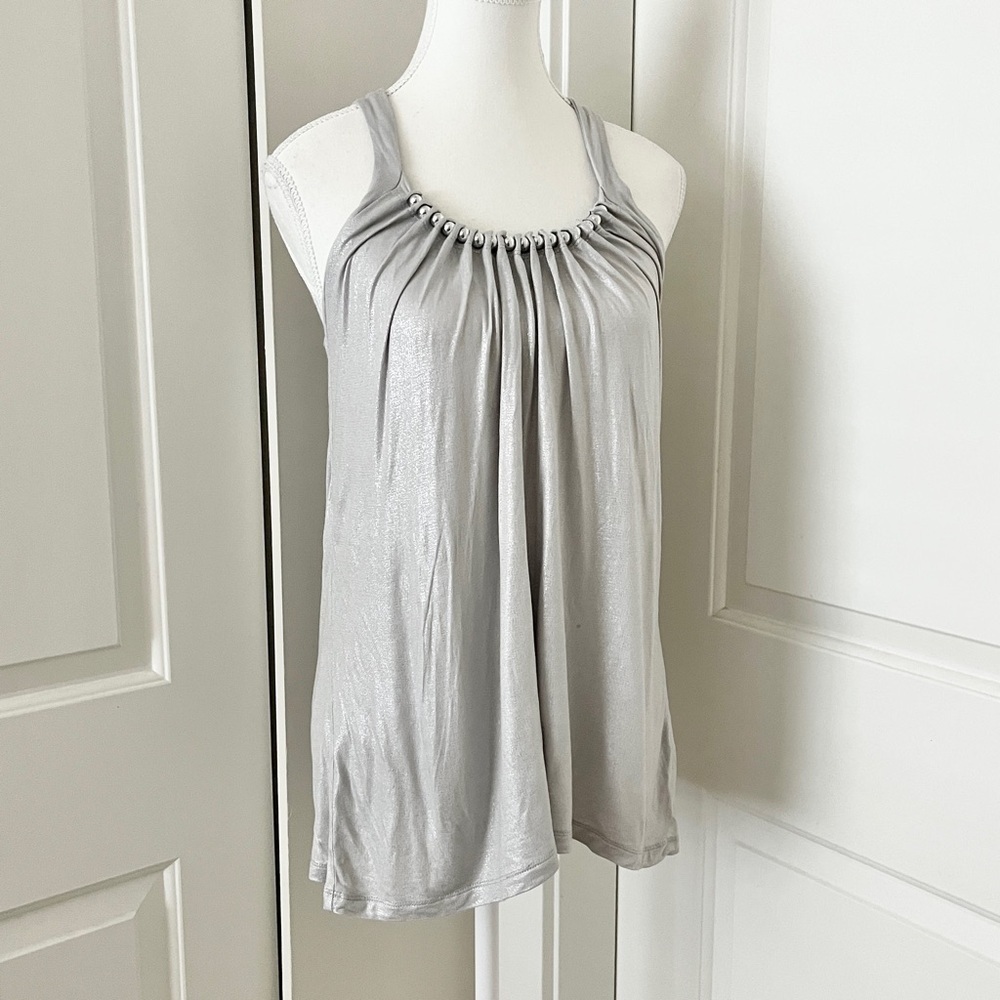 French Connection Mod Silver Halter Glam Boho Blouse w/ Beaded Detail – Medium - Picture 2 of 11
